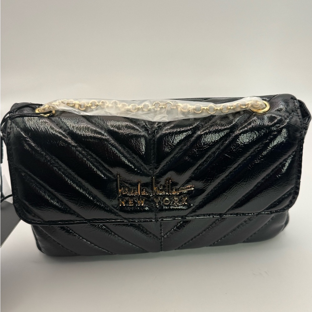 Nicole Miller Black Quilt Gold Chain Strap Crossbody Small Bag Purse Clutch Prom